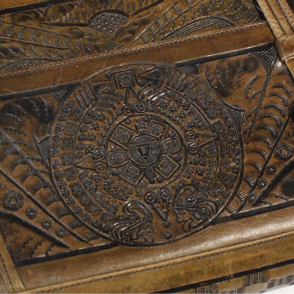 Hand carved tooled leather purse Aztec sun and flower designs genuine leather - Picture 2 of 10